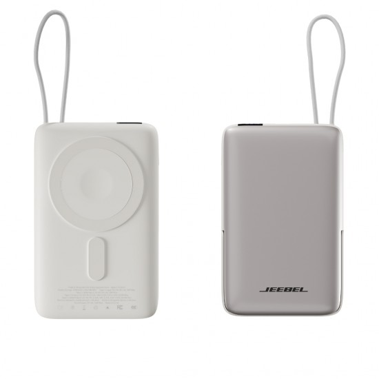 باور بانك Jeebel مغناطيسي لاسلكي – 10000mAh مع حامل مدمج وكابل USB-C | شحن سريع PD 22.5W وشحن لاسلكي - ابيض