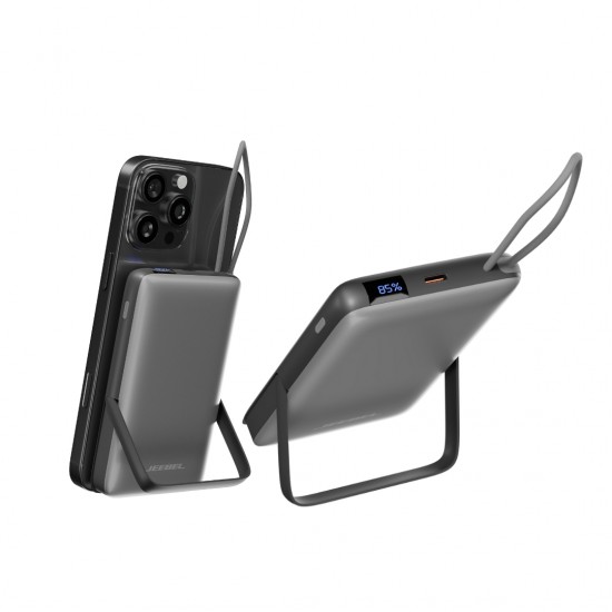باور بانك Jeebel مغناطيسي لاسلكي – 10000mAh مع حامل مدمج وكابل USB-C | شحن سريع PD 22.5W وشحن لاسلكي - اسود