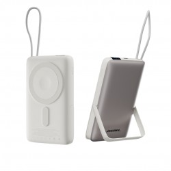 باور بانك Jeebel مغناطيسي لاسلكي – 10000mAh مع حامل مدمج وكابل USB-C | شحن سريع PD 22.5W وشحن لاسلكي - ابيض