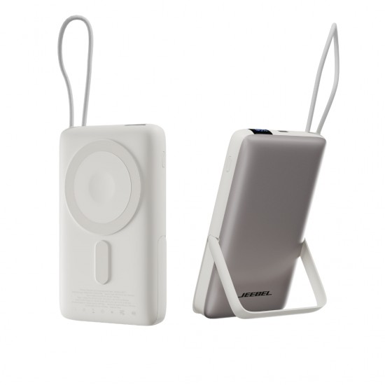 باور بانك Jeebel مغناطيسي لاسلكي – 10000mAh مع حامل مدمج وكابل USB-C | شحن سريع PD 22.5W وشحن لاسلكي - ابيض باور بانك Jeebel مغناطيسي لاسلكي – 10000mAh مع حامل مدمج وكابل USB-C | شحن سريع PD 22.5W وشحن لاسلكي - ابيض