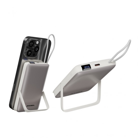 باور بانك Jeebel مغناطيسي لاسلكي – 10000mAh مع حامل مدمج وكابل USB-C | شحن سريع PD 22.5W وشحن لاسلكي - ابيض