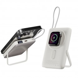 باور بانك Jeebel مغناطيسي لاسلكي – 10000mAh مع حامل مدمج وكابل USB-C | شحن سريع PD 22.5W وشحن لاسلكي - ابيض
