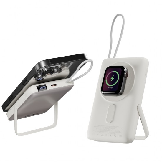 باور بانك Jeebel مغناطيسي لاسلكي – 10000mAh مع حامل مدمج وكابل USB-C | شحن سريع PD 22.5W وشحن لاسلكي - ابيض